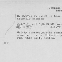 Index card with typed and handwritten information, sometimes including a sketch, of pottery from an excavation.