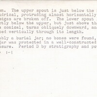 Index card with typed and handwritten information, sometimes including a sketch, of pottery from an excavation.