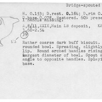 Index card with typed and handwritten information, sometimes including a sketch, of pottery from an excavation.