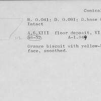 Index card with typed and handwritten information, sometimes including a sketch, of pottery from an excavation.