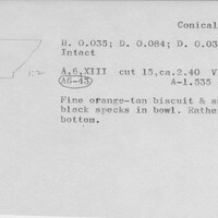 Index card with typed and handwritten information, sometimes including a sketch, of pottery from an excavation.