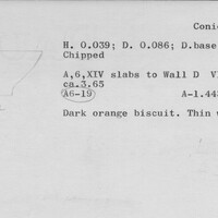 Index card with typed and handwritten information, sometimes including a sketch, of pottery from an excavation.
