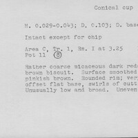 Index card with typed and handwritten information, sometimes including a sketch, of pottery from an excavation.