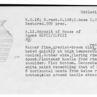 Index card with typed and handwritten information, sometimes including a sketch, of pottery from an excavation.
