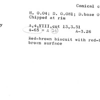 Index card with typed and handwritten information, sometimes including a sketch, of pottery from an excavation.