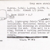Index card with typed and handwritten information, sometimes including a sketch, of pottery from an excavation.