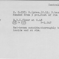 Index card with typed and handwritten information, sometimes including a sketch, of pottery from an excavation.