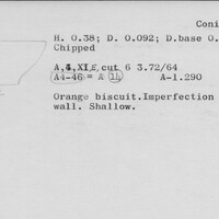 Index card with typed and handwritten information, sometimes including a sketch, of pottery from an excavation.