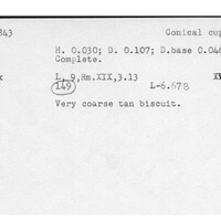 Index card with typed and handwritten information, sometimes including a sketch, of pottery from an excavation.