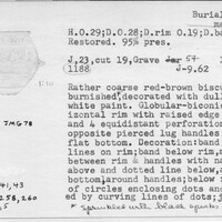 Index card with typed and handwritten information, sometimes including a sketch, of pottery from an excavation.