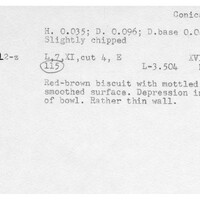 Index card with typed and handwritten information, sometimes including a sketch, of pottery from an excavation.