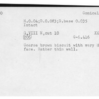 Index card with typed and handwritten information, sometimes including a sketch, of pottery from an excavation.