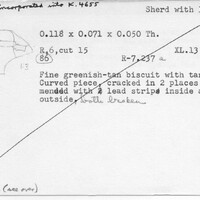 Index card with typed and handwritten information, sometimes including a sketch, of pottery from an excavation.