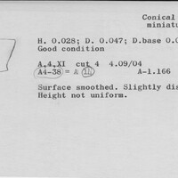 Index card with typed and handwritten information, sometimes including a sketch, of pottery from an excavation.