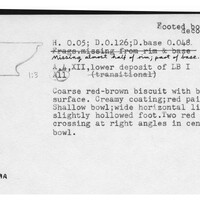 Index card with typed and handwritten information, sometimes including a sketch, of pottery from an excavation.