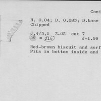 Index card with typed and handwritten information, sometimes including a sketch, of pottery from an excavation.