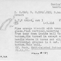 Index card with typed and handwritten information, sometimes including a sketch, of pottery from an excavation.