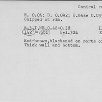 Index card with typed and handwritten information, sometimes including a sketch, of pottery from an excavation.