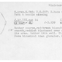 Index card with typed and handwritten information, sometimes including a sketch, of pottery from an excavation.