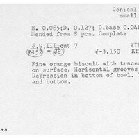 Index card with typed and handwritten information, sometimes including a sketch, of pottery from an excavation.