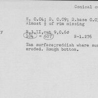 Index card with typed and handwritten information, sometimes including a sketch, of pottery from an excavation.