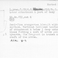 Index card with typed and handwritten information, sometimes including a sketch, of pottery from an excavation.