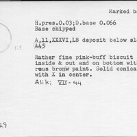 Index card with typed and handwritten information, sometimes including a sketch, of pottery from an excavation.