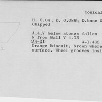 Index card with typed and handwritten information, sometimes including a sketch, of pottery from an excavation.