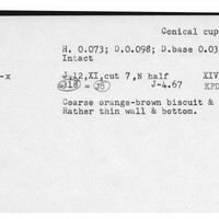 Index card with typed and handwritten information, sometimes including a sketch, of pottery from an excavation.