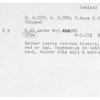 Index card with typed and handwritten information, sometimes including a sketch, of pottery from an excavation.