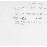 Index card with typed and handwritten information, sometimes including a sketch, of pottery from an excavation.