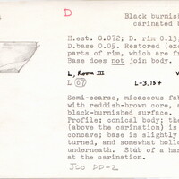 Index card with typed and handwritten information, sometimes including a sketch, of pottery from an excavation.