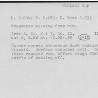 Index card with typed and handwritten information, sometimes including a sketch, of pottery from an excavation.