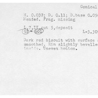 Index card with typed and handwritten information, sometimes including a sketch, of pottery from an excavation.