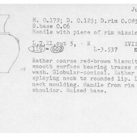 Index card with typed and handwritten information, sometimes including a sketch, of pottery from an excavation.