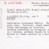 Index card with typed and handwritten information, sometimes including a sketch, of pottery from an excavation.