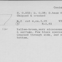 Index card with typed and handwritten information, sometimes including a sketch, of pottery from an excavation.