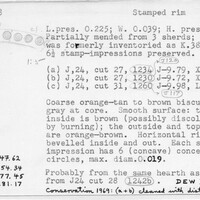 Index card with typed and handwritten information, sometimes including a sketch, of pottery from an excavation.