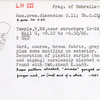 Index card with typed and handwritten information, sometimes including a sketch, of pottery from an excavation.