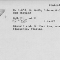 Index card with typed and handwritten information, sometimes including a sketch, of pottery from an excavation.