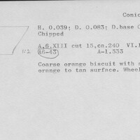 Index card with typed and handwritten information, sometimes including a sketch, of pottery from an excavation.