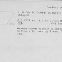 Index card with typed and handwritten information, sometimes including a sketch, of pottery from an excavation.