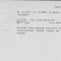 Index card with typed and handwritten information, sometimes including a sketch, of pottery from an excavation.