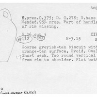 Index card with typed and handwritten information, sometimes including a sketch, of pottery from an excavation.