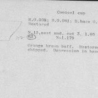 Index card with typed and handwritten information, sometimes including a sketch, of pottery from an excavation.