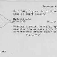 Index card with typed and handwritten information, sometimes including a sketch, of pottery from an excavation.
