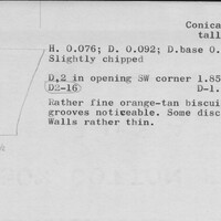 Index card with typed and handwritten information, sometimes including a sketch, of pottery from an excavation.