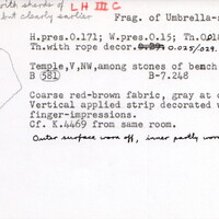 Index card with typed and handwritten information, sometimes including a sketch, of pottery from an excavation.