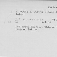 Index card with typed and handwritten information, sometimes including a sketch, of pottery from an excavation.