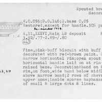 Index card with typed and handwritten information, sometimes including a sketch, of pottery from an excavation.